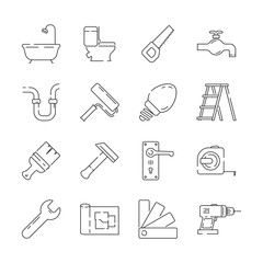 Poster - Repair icon. Support service building construction tools fast supplies vector linear items. Building renovation, drill equipment, hammer and ladder illustration
