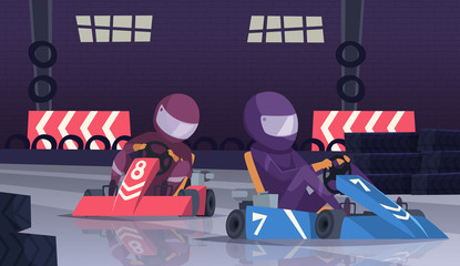 Sticker - Karting sport competition. Racers in helmet in fast cars on speed track vector cartoon background. Illustration of championship competition, sport track route for speed go-kart