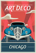 Vector retro poster in art Deco style. Chicago. Retro car on the road. Vintage travel illustration.