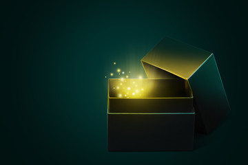 Gift box with yellow light and flying sparks inside