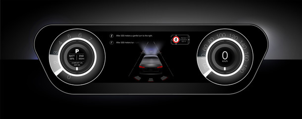 Poster - A sample of the concept of the dashboard and instruments and the designation of Parking and radar. Vector illustration.