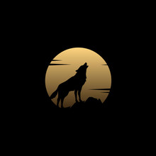 Howling Wolf Silhouette Golden Moon Illustration Logo Design