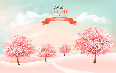 Aufkleber - Spring nature background with blossom cherry trees and sky with clouds. Vector.