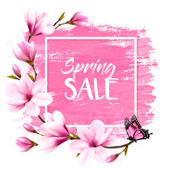 Poster - Spring sale background with pink blooming magnolia and butterfly. Vector