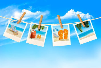 Travel background with vacation photos hanging on a rope. Vector