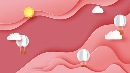Poster - Abstract pink sky landscape background template with white origami hot air balloons paper art style.Vector illustration.