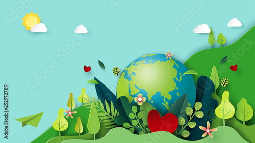 Cuadros en Lienzo Paper art of green nature and earth day concept background template