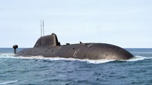 Naval Modern Submarine On Open Sea Surface.
