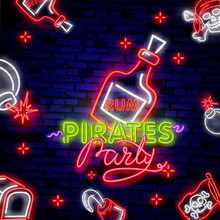 Pirates Party Neon Text Vector. Pitate Rum Neon Icon, Design Template, Modern Trend Design, Night Neon SignboardVintage Pirate Emblem Glowing Neon