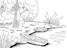 River Boat Graphic Black White Landscape Sketch Illustration Vector