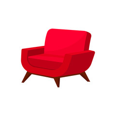 Wall Mural - Stylish armchair with bright red upholstery and wooden legs. Furniture for living room. Soft chair. Flat vector icon