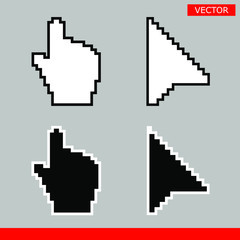 Leinwandbilder - Black and white arrow pixel and pixel mouse hand cursors icon vector illustration set flat style design isolated on white background.
