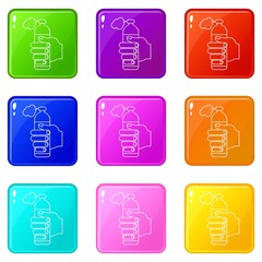 Sticker - Spray insects icons set 9 color collection isolated on white for any design