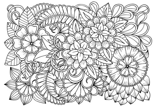 Vector black and white colorin page for colouring book. Leafs and flowers  in monocrome colors. Doodles pattern