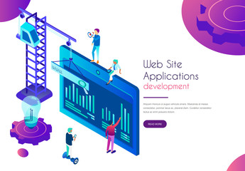 Web site application development landing page. Template of people with creative ideas working on design isometric vector illustration. Interface and technology concept