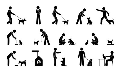 Wall Mural - pet icon, man pictogram with dog, cat, animal care and training illustration