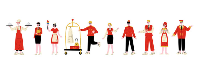 Canvas Print - Hotel Staff Characters Set, Chef, Manager, Maid, Bellhop, Receptionist, Concierge, Waitress, Doorman in Red Uniform Vector Illustration