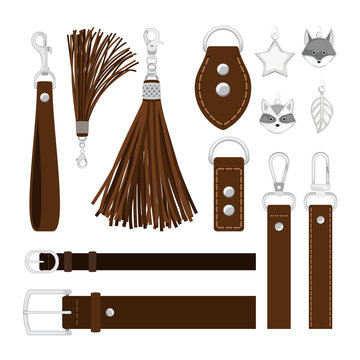Leather tassels. Vector leather belts, metal buckles and carbines, steel pendants isolated on white background