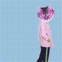 Wall Mural - Modern art collage. Female alien model with the head of a cat on the background of the cell.