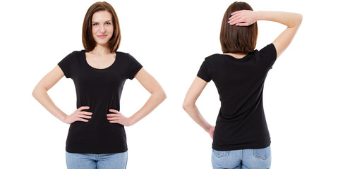 Sticker - Young beautiful sexy female girl with blank black shirt, front and back. Ready for your design or logo.