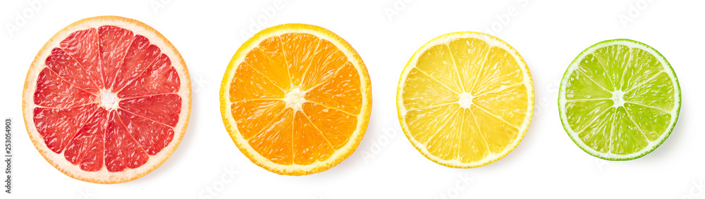 Citrus fruit slices isolated on white background - obrazy, fototapety, plakaty 