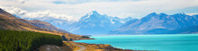 Mount Cook View Point With The Lake Pukaki And The Road Leading To Mount Cook Village View Point With The Lake Pukaki And The Road Leading To Mount Cook Village In South Island New Zealand.