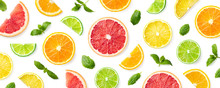 Colorful Pattern Of Citrus Fruit Slices And Mint Leaves