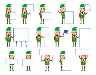 Wall Mural - Set of Christmas elf characters posing with different blank signboards. Funny elves holding banner, sign, paper, pointing to whiteboard. Flat style vector illustration