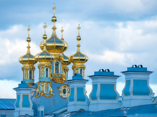 St. Petersburg. Russia. Catherine Palace in Pushkin. Church of the Resurrection of Christ in Tsarskoye Selo. Church domes close-up against the sky. Summer. Cities of Russia. Church of St. Petersburg.