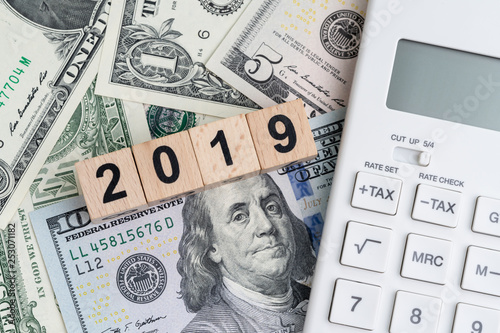Year 2019 Financial Budget Or Debt Calculation Concept Flat Lay Year 2019 Financial Budget Or Debt