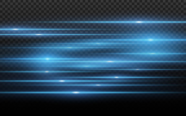 Poster - Stylish blue light effect. Abstract laser beams of light. Chaotic neon rays of light for your project. Isolated on transparent dark background. Vector illustration