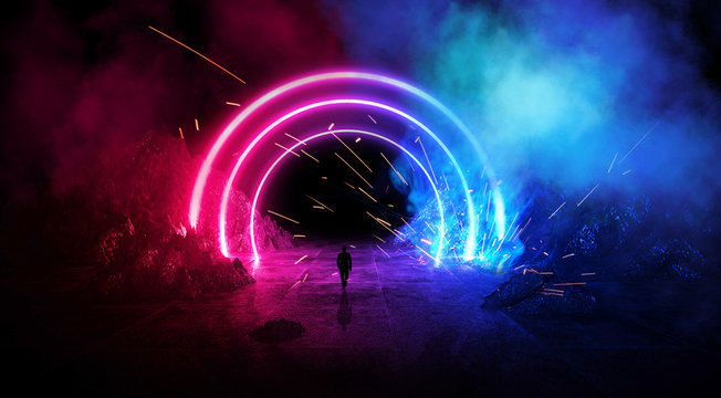 Space futuristic landscape. Fiery meteorites, sparks, smoke, light arches. Dark background with light element in the center. Silhouette of a man, a reflection of neon lights.  3d rendering.