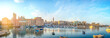 Bari, Puglia, Italy - Panoramic view of waterfront and harbor with boats - Margherita theater, cathedral and fort of Sant'Antonio. Panorama at sunset