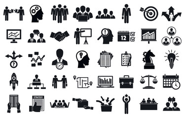 Business planning meeting system icons set. Simple set of business planning meeting system vector icons for web design on white background