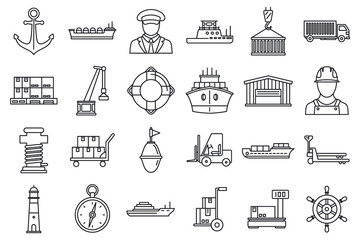 Poster - Marine port transport icons set. Outline set of marine port transport vector icons for web design isolated on white background