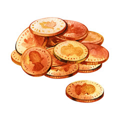 Bunch of gold coins. Watercolor illustration. The way of luck.