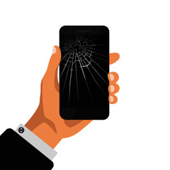 Wall Mural - Hand holding phone with broken black screen. Broken mobile phone isolated on white backround. Repair mobile phone icon. Vector Illustration 