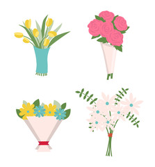  Kwiaty w zawijaniu wektor, zestaw ikon na białym tle ozdoba. Tulipany i róże w papierze związane czerwoną wstążką, zieloną paprocią i liśćmi, obecny pąk róży