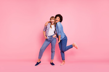 Sticker - Full length body size view portrait two funky diversity she her ladies posing photo set open mouth emotionally good mood wear casual jeans denim checkered shirt clothes outfit isolated pink background