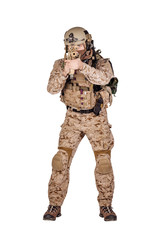 Wall Mural - Special forces soldier with rifle on white background. army, military and people concept