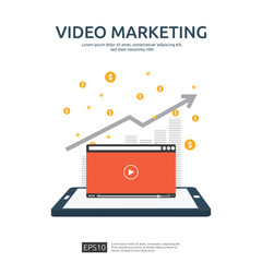Poster - Media marketing concept. Making money from video with social network. Digital advertising promotion strategy. online vlog content flat vector banner illustration with graph and monitor PC screen