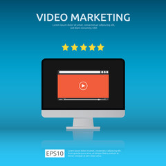 Poster - Media marketing concept. Making money from video with social network. Digital advertising promotion strategy. online vlog content flat vector banner illustration with graph and monitor PC screen