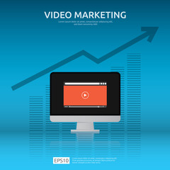 Poster - Media marketing concept. Making money from video with social network. Digital advertising promotion strategy. online vlog content flat vector banner illustration with graph and monitor PC screen