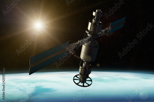 Cuadros en Lienzo 3D rendering of a satellite orbiting the earth