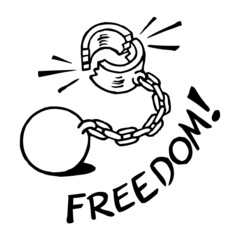 Iron ball and chain with broken shackles, symbol of freedom, black and white icon