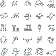 Outline Black Icons Set In Thin Modern Design Style, Flat Line Stroke Vector Symbols - Archeology Collection
