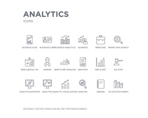 Wall Mural - simple set of analytics vector line icons. contains such icons as 3d location graph, agenda, analysis, analytic visualization, analytics, analytics monitor, auction, bar chart, bar stats and more.