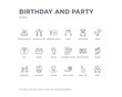 © CoolVectorStock - simple set of birthday and party vector line icons. contains such icons as party, party hat, horn, pastor, polaroid, proposal, queue, relationship, romantic music and more. editable pixel perfect.