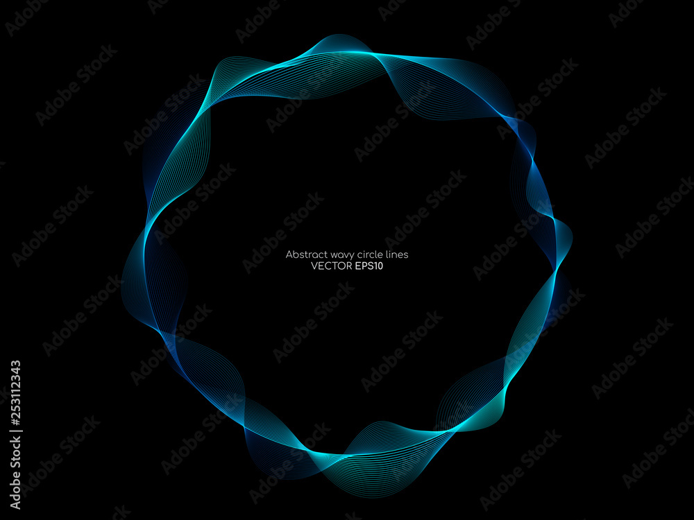 Vector abstract circle frame with wave lines pattern flowing in blue green colors isolated on black background in concept of music, technology, ai - obrazy, fototapety, plakaty 