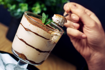 Wall Mural - Italian dessert tiramisu in glass, sweet food